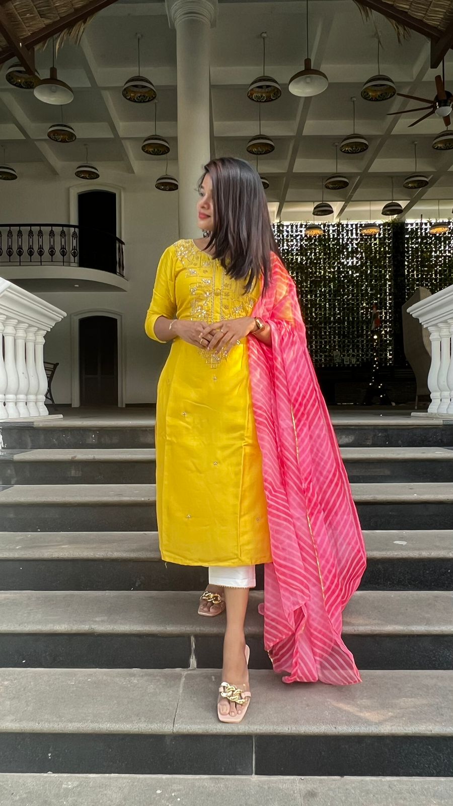 Cotton Candy Yellow Printed Rayon Kurti with Dupatta and Pant Set | Bhadar